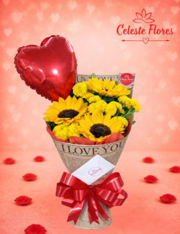 Buquê Coleção Love Romântico Tropical de Girassóis com balão de coração.