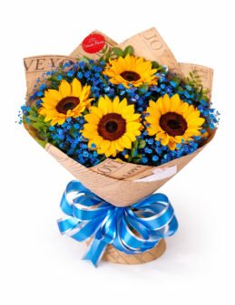 Buquê Coleção Love  Tropical de Girassóis com Chuvade prata azul.