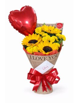 Buquê Coleção Love Romântico Tropical de Girassóis com balão de coração.