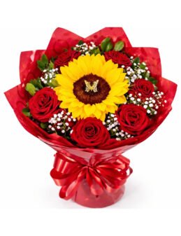 Buquê Coleção Luxo de Rosas Vermelhas e Girassol com Borboleta Dourada