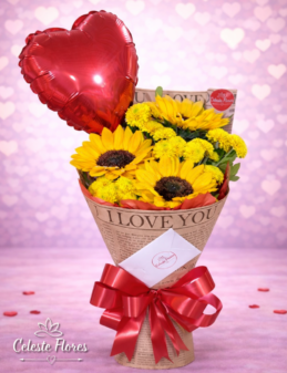 Buquê Coleção Love Romântico Tropical de Girassóis com balão de coração.