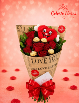 Buquê Coleção Love Ferrero Rocher e Pelúcia coração