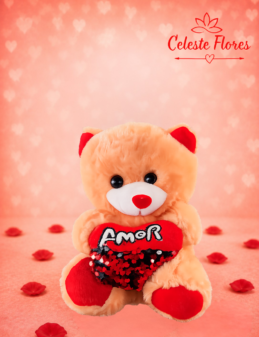 Pelúcia Urso Bege Coração Amor Paetê 20cm