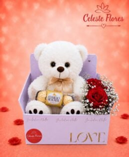 Box do Amor de Pelúcia  Branca, Ferrero Rocher e Mini buquê de rosas 🌹