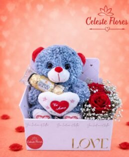 Box do Amor de Pelúcia cinza, Ferrero Rocher e Mini buquê de rosas 🌹