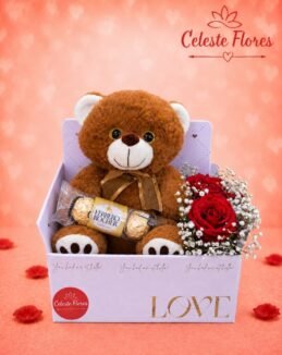 Box do Amor de Pelúcia marrom, Ferrero Rocher e Mini buquê de rosas 🌹