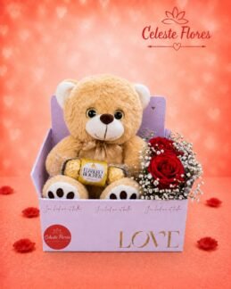 Box do Amor de Pelúcia Bege, Ferrero Rocher e Mini buquê de rosas 🌹